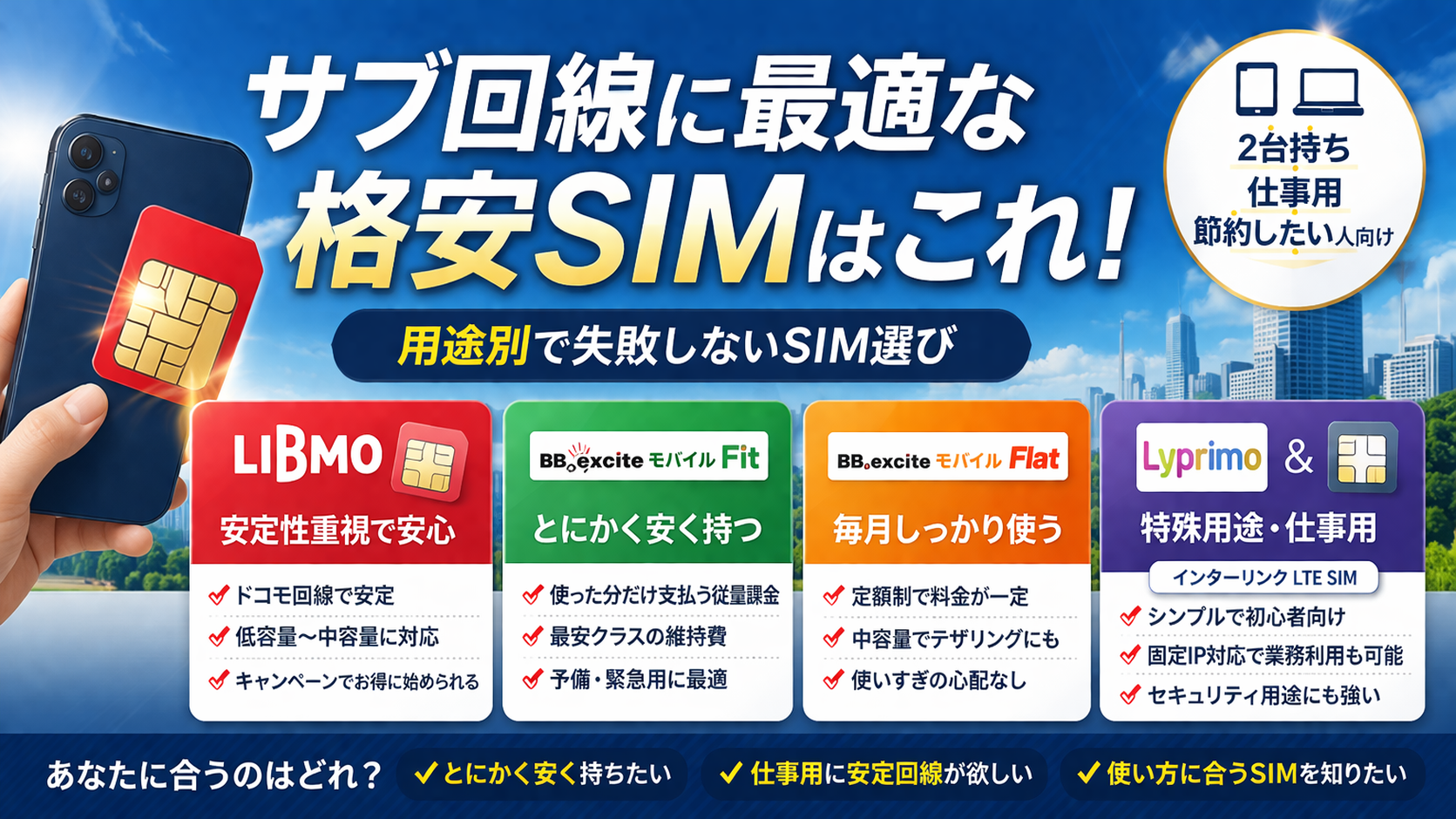 サブ回線におすすめの格安SIM比較｜2台持ち・仕事用・低容量に最適なSIMを解説