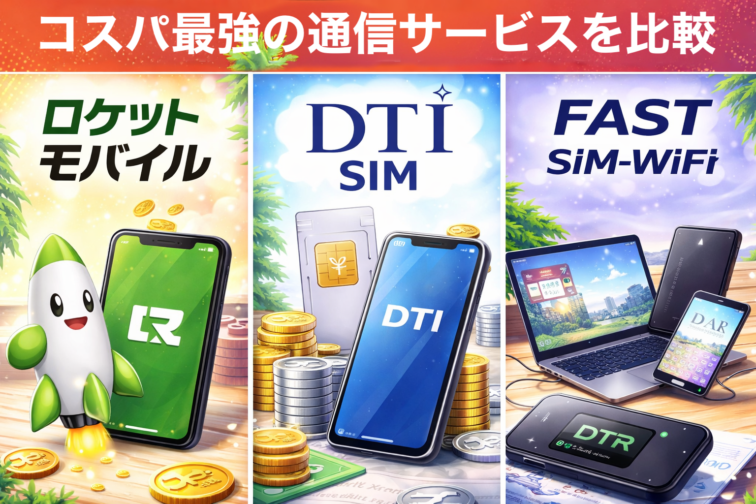 コスパ重視の通信サービス比較|ロケットモバイル・DTI SIM・ファストSIM-WiFiを徹底解説