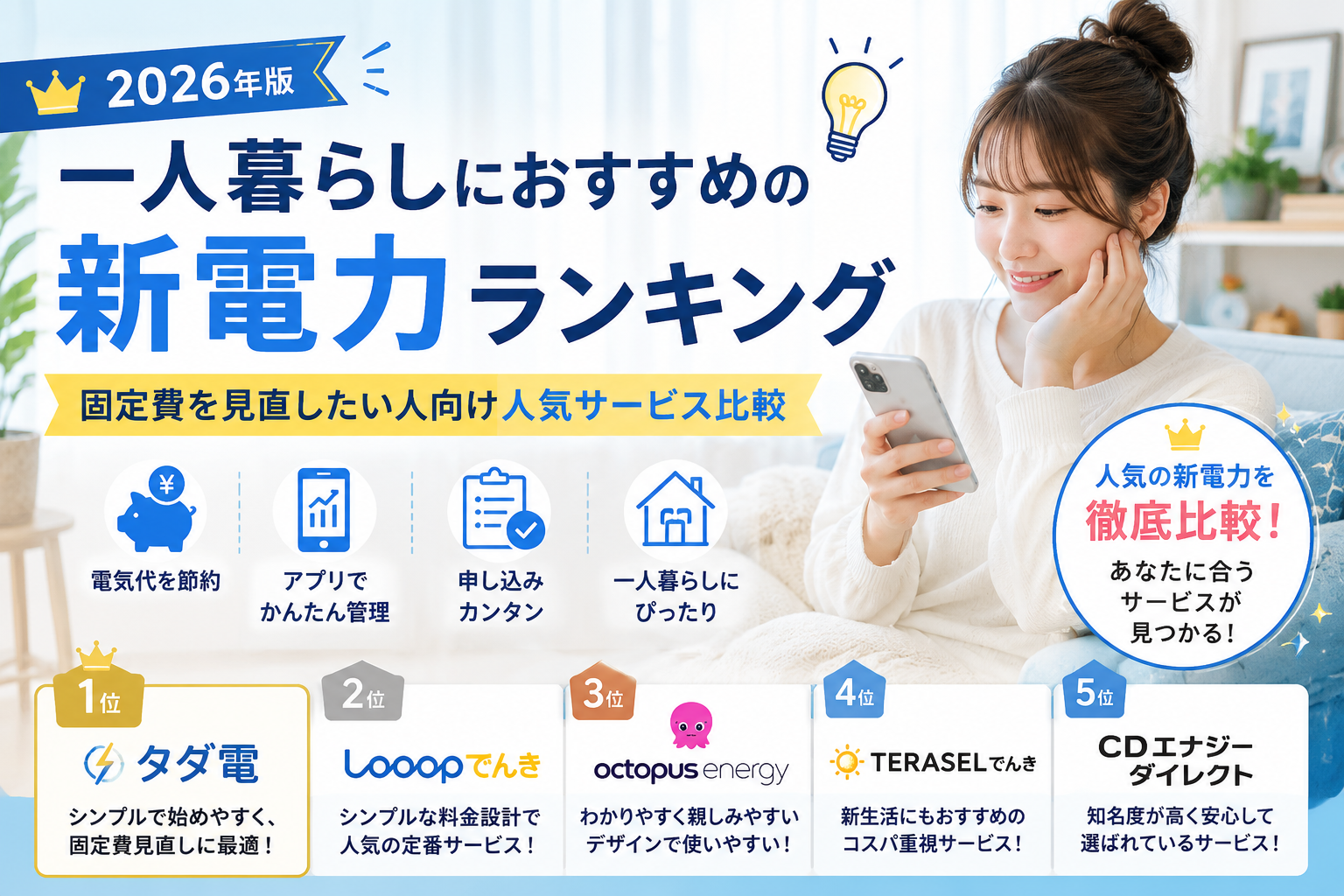 【2026年版】一人暮らしにおすすめの新電力ランキング｜固定費を見直したい人向け人気サービス比較