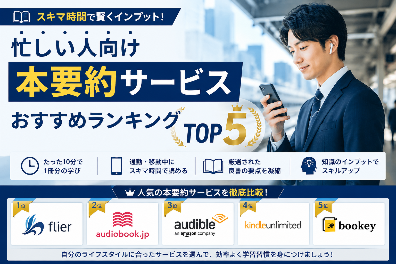 忙しい人向け本要約サービスおすすめランキングTOP5｜通勤時間で学べる人気サービス比較