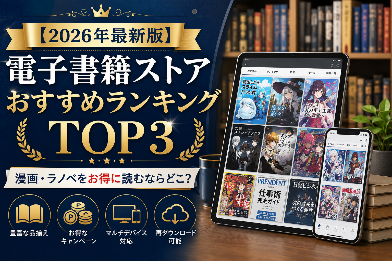 【2026年最新版】電子書籍ストアおすすめランキングTOP3｜漫画・ラノベをお得に読むならどこ？