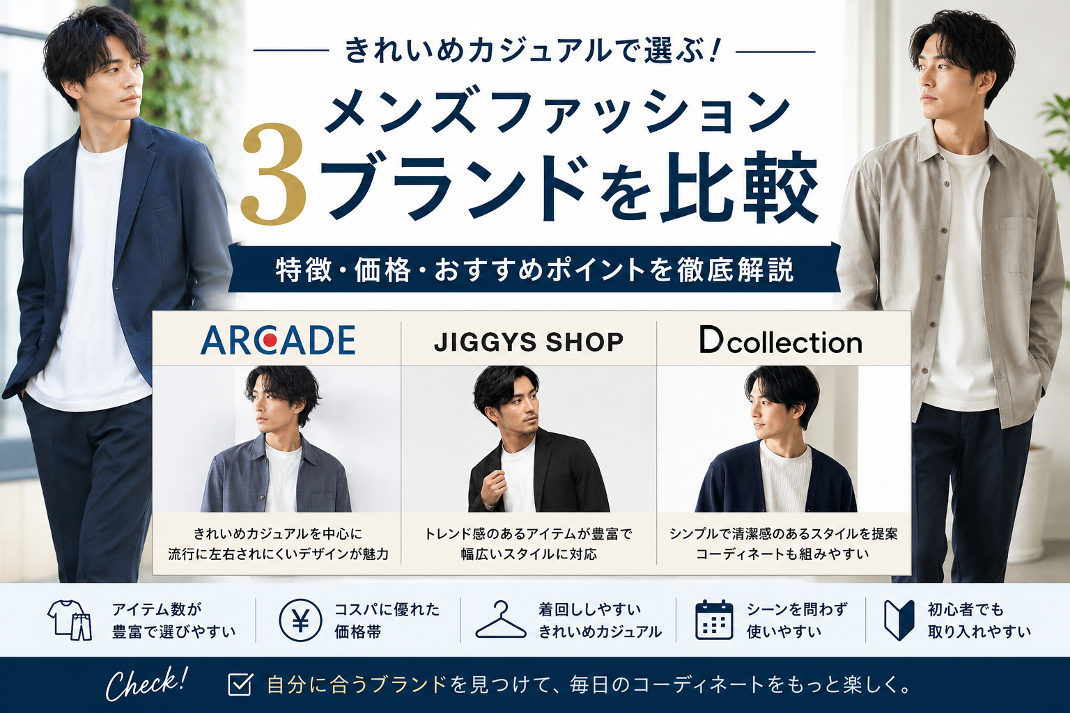 ARCADEを含むメンズファッション3ブランドを比較|きれいめカジュアルで選ぶポイントを解説