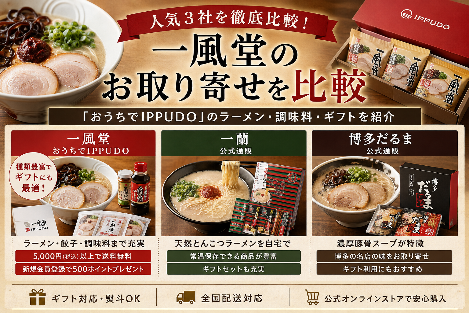 一風堂のお取り寄せを比較|「おうちでIPPUDO」のラーメン・調味料・ギフトを紹介